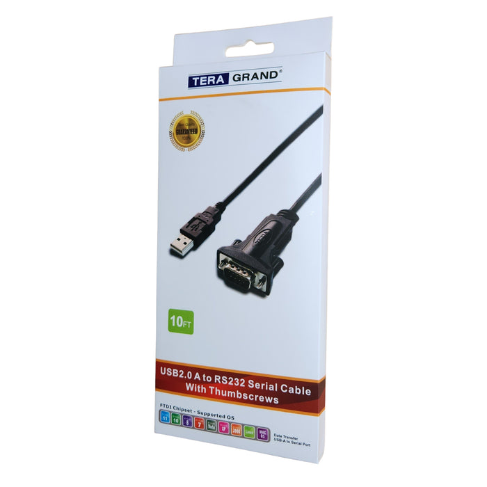 Premium USB 2.0 USB-A to RS232 Serial DB9 Adapter Cable - Supports Windows 11, 10, 8, 7, Vista, XP, 2000, 98, Linux and Mac - Built with FTDI Chipset and Male Thumbscrews, 10 Ft.