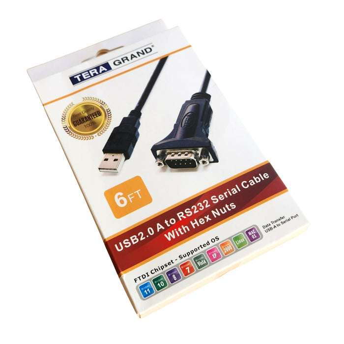 Premium USB 2.0 USB-A to RS232 Serial DB9 Adapter Cable - Supports Windows 11, 10, 8, 7, Vista, XP, 2000, 98, Linux and Mac - Built with FTDI Chipset and Hex Jack Nuts, 6 Ft.