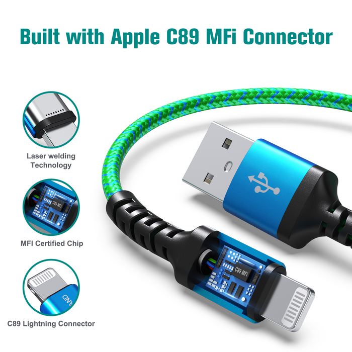 Apple C89 MFi Certified - Lightning to USB-A Braided Cable with Aluminum Housing, 7 Ft Blue/Green