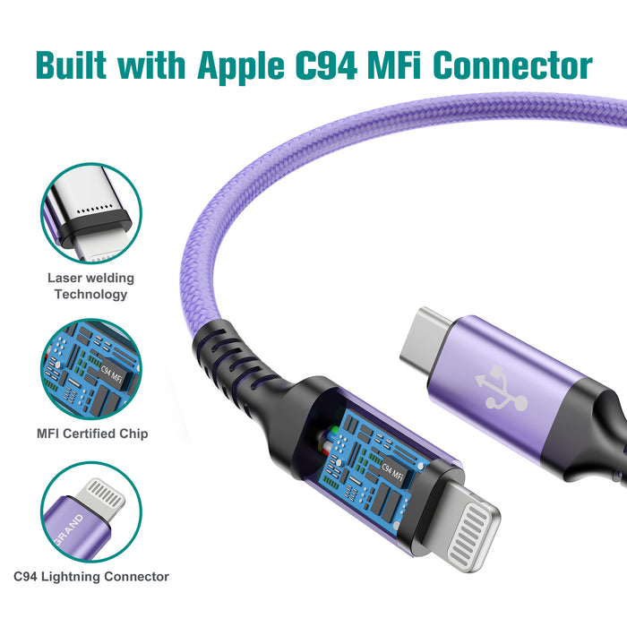 Apple C94 MFi Certified USB-C to Lightning Braided Cable with Aluminum Housing, 6 Ft Purple