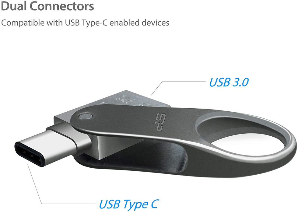 Silicon Power USB 3.0/3.1 Gen 1 USB-C and A Dual Flash Drive, Mobile C80, 64 GB