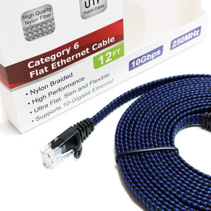 CAT6 10 Gigabit Ethernet Ultra Flat Braided Cable, 12 Feet, Black-Blue