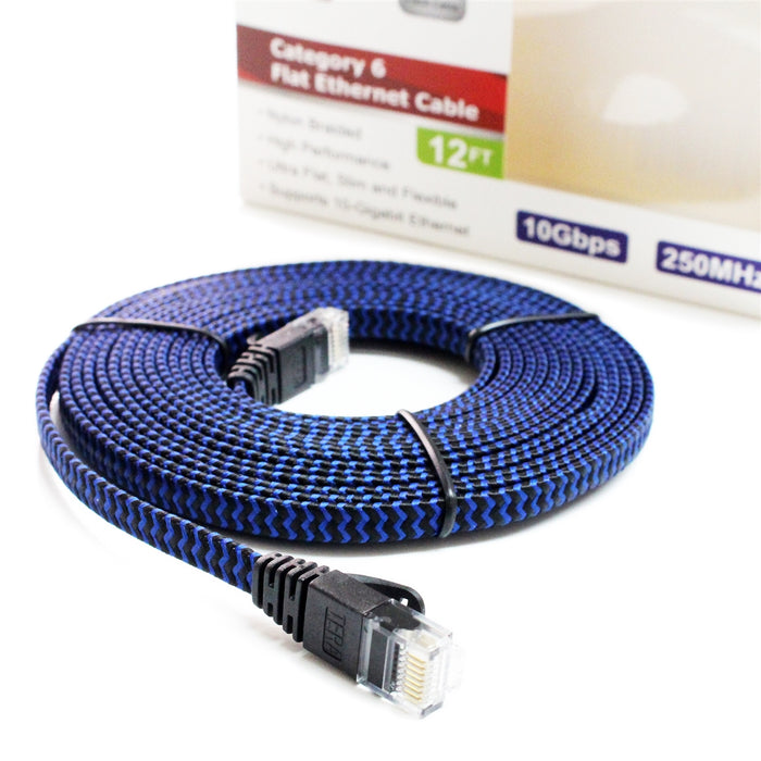 CAT6 10 Gigabit Ethernet Ultra Flat Braided Cable, 12 Feet, Black-Blue