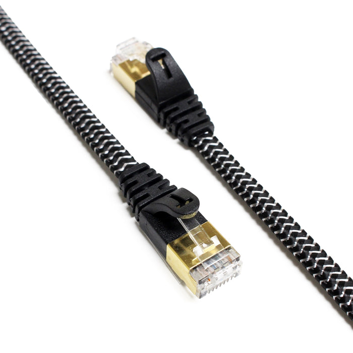 CAT-7 10 Gigabit Ultra Flat Ethernet Patch Braided Cable, 25 Feet Black & White