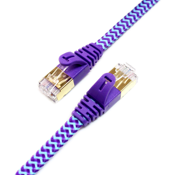 CAT-7 10 Gigabit Ultra Flat Ethernet Patch Braided Cable, 12 Feet Purple & Blue