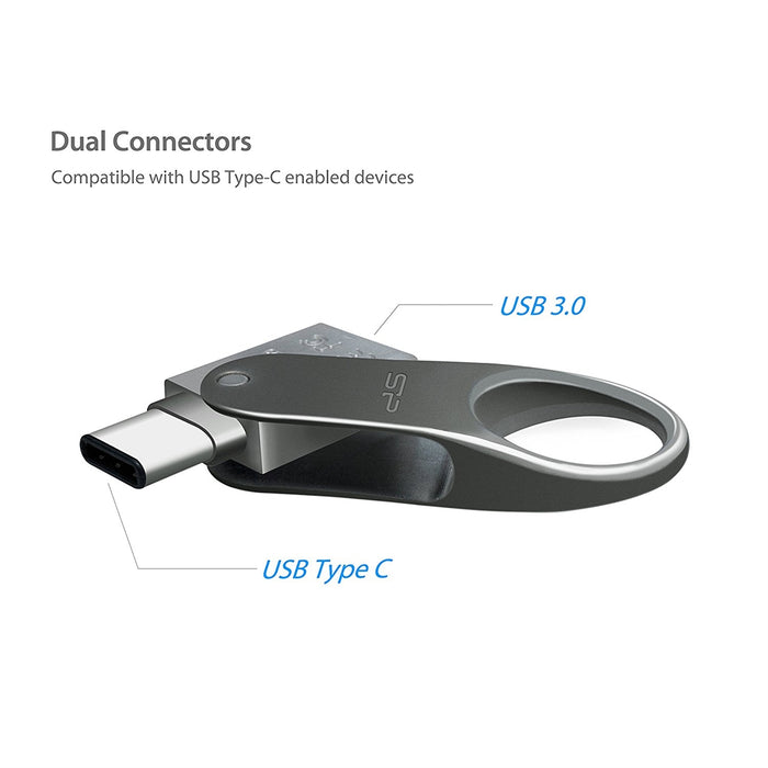 Silicon Power USB 3.0/3.1 Gen 1 USB-C and A Dual Flash Drive, Mobile C80, 32 GB