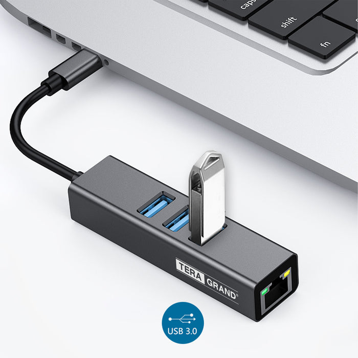 USB 3.1 USB-C to Gigabit Ethernet Adapter with 3 USB 3.0 Ports, Gray