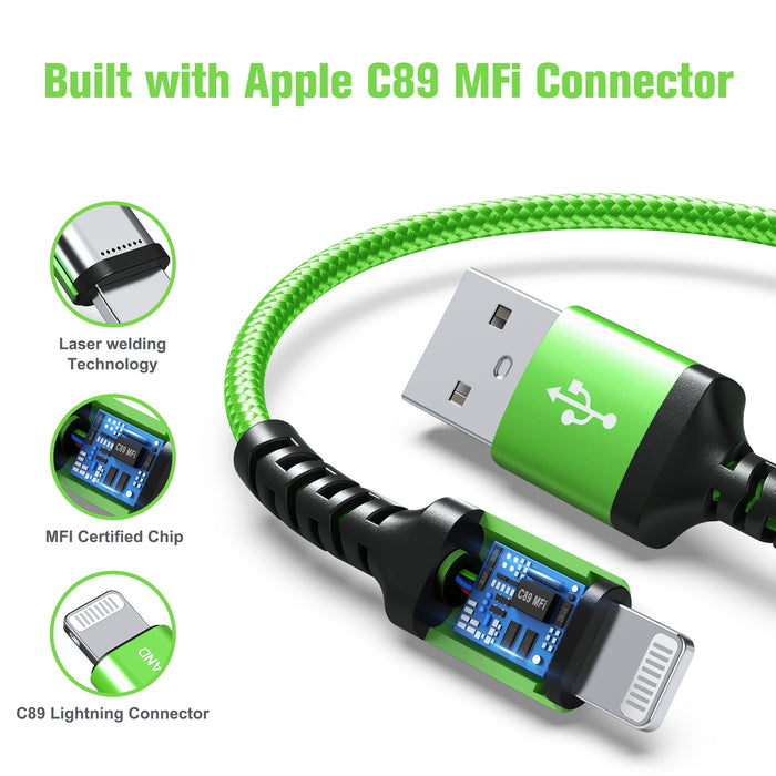 Apple C89 MFi Certified - Lightning to USB-A Braided Cable with Aluminum Housing, 4 Ft Green