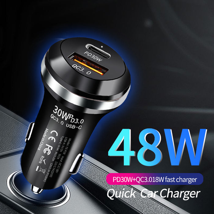 48W Dual Port Car Charger, USB-C PD 30W+ QC 3.0 USB-A 18W, Black