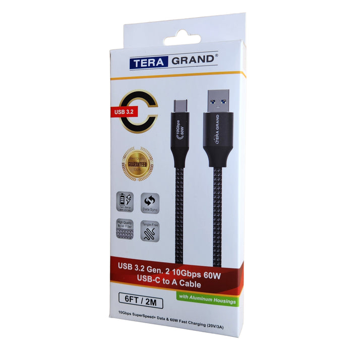 USB 3.2 Gen 2 USB C to A 10Gbps 60W Braided Cable, 6 ft Black