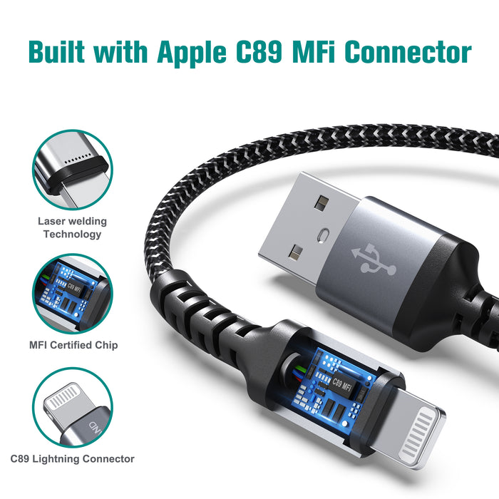 Apple C89 MFi Certified - Lightning to USB-A Braided Cable with Aluminum Housing, 4 Ft Black/White