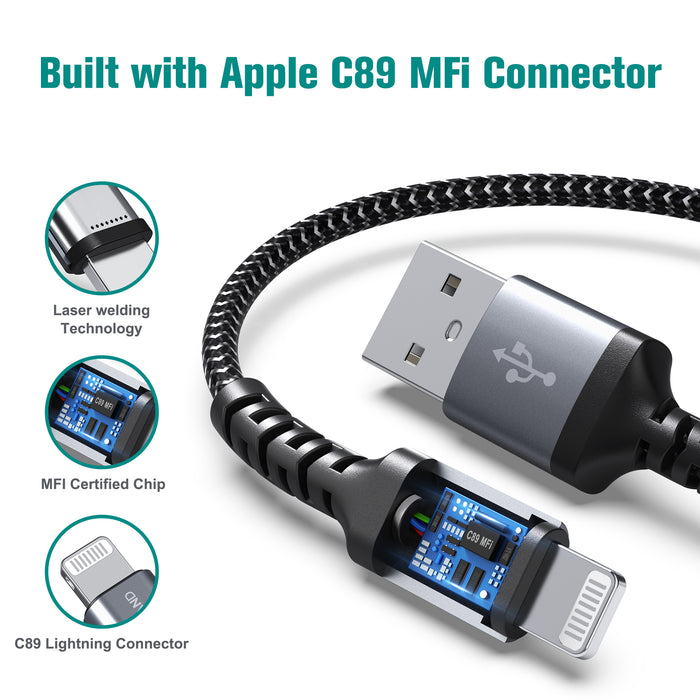 Apple C89 MFi Certified Lightning to USB-A Braided Cable with Aluminum Housing, Ft Black/White