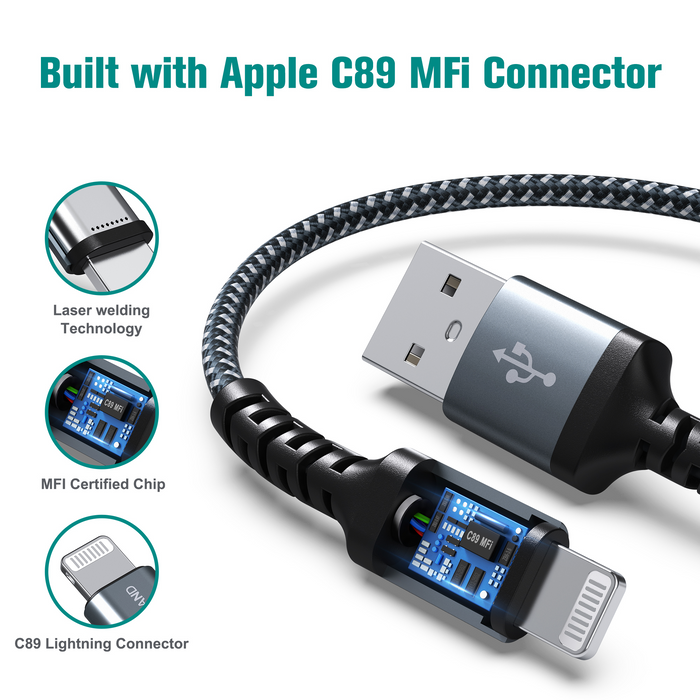 Apple C89 MFi Certified - Lightning to USB-A Braided Cable with Aluminum Housing, 4 Ft Alpine Green/Silver