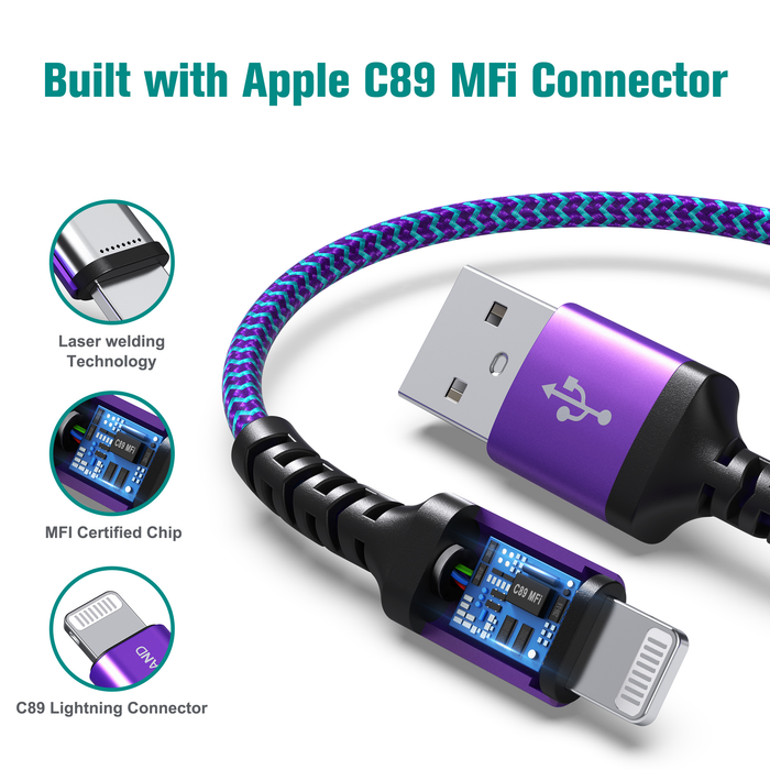 Apple C89 MFi Certified - Lightning to USB-A Braided Cable with Aluminum Housing, 4 Ft Purple/Blue