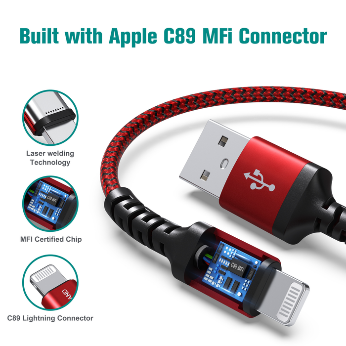 Apple C89 MFi Certified - Lightning to USB-A Braided Cable with Aluminum Housing, 4 Ft Red/Black