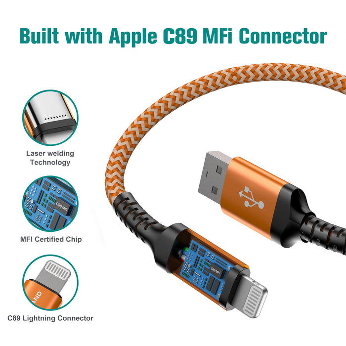 Apple C89 MFi Certified - Lightning to USB-A Braided Cable with Aluminum Housing, 7 Ft Orange/White