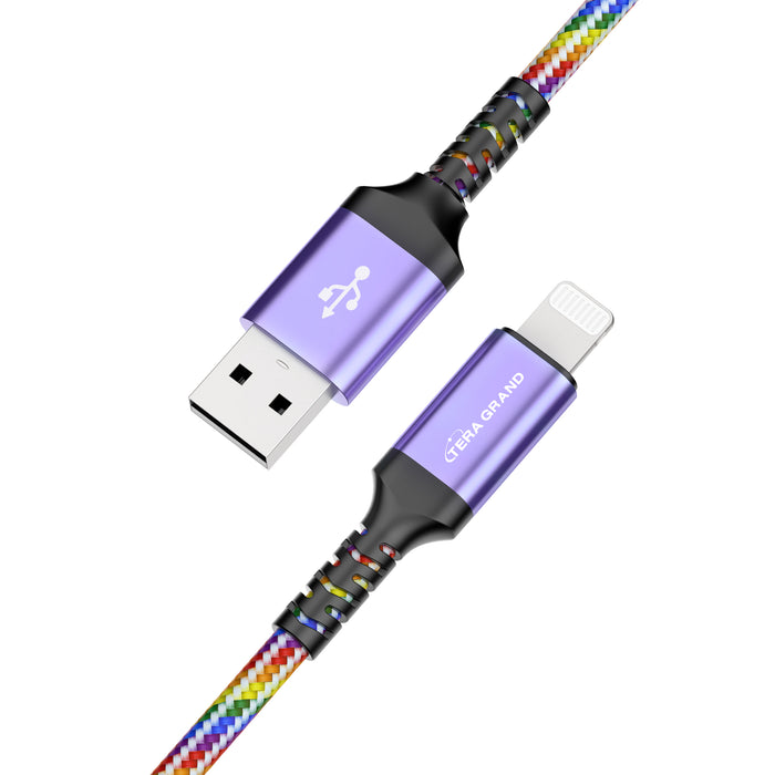 Apple C89 MFi Certified - Lightning to USB-A Braided Cable with Aluminum Housing, 7 Ft Rainbow color