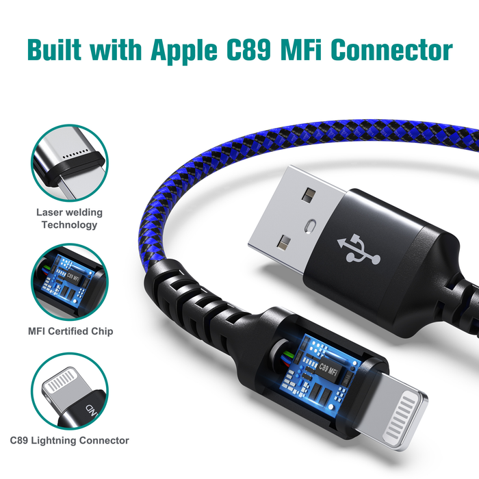 Apple C89 MFi Certified Lightning to USB-A Braided Cable with Aluminum Housing, 10 Ft Black/Blue
