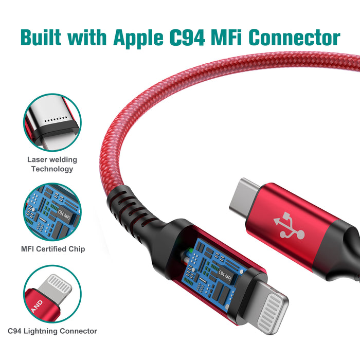 Apple C94 MFi Certified USB-C to Lightning Braided Cable with Aluminum Housing, 6 Ft Red