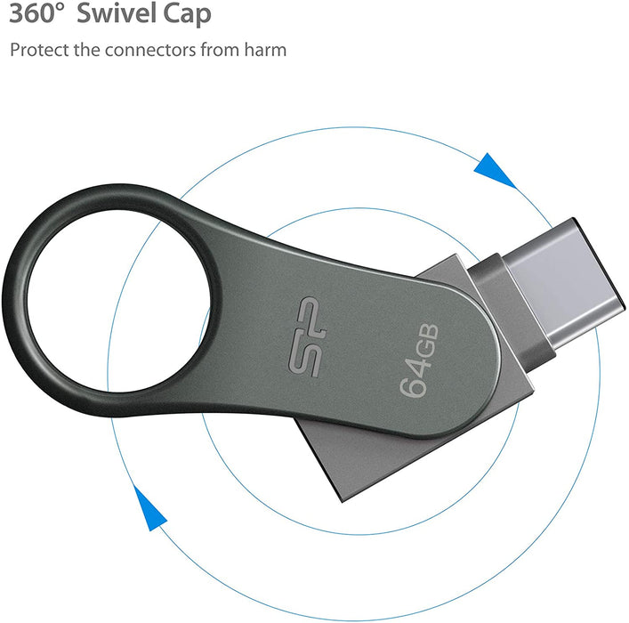 Silicon Power USB 3.0/3.1 Gen 1 USB-C and A Dual Flash Drive, Mobile C80, 64 GB