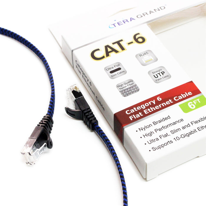 CAT6 10 Gigabit Ethernet Ultra Flat Braided Cable, 6 Feet, Black-Blue