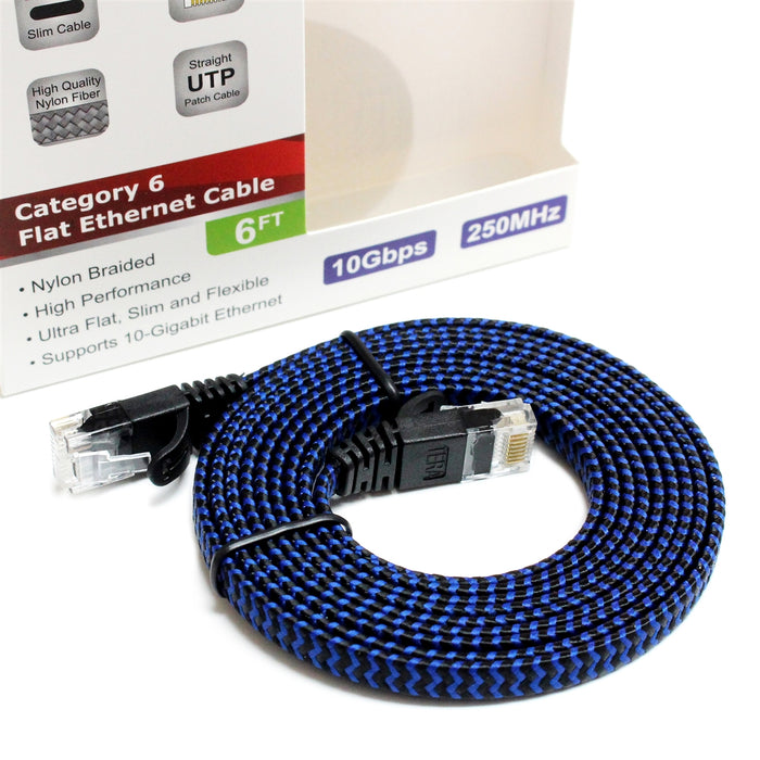 CAT6 10 Gigabit Ethernet Ultra Flat Braided Cable, 6 Feet, Black-Blue