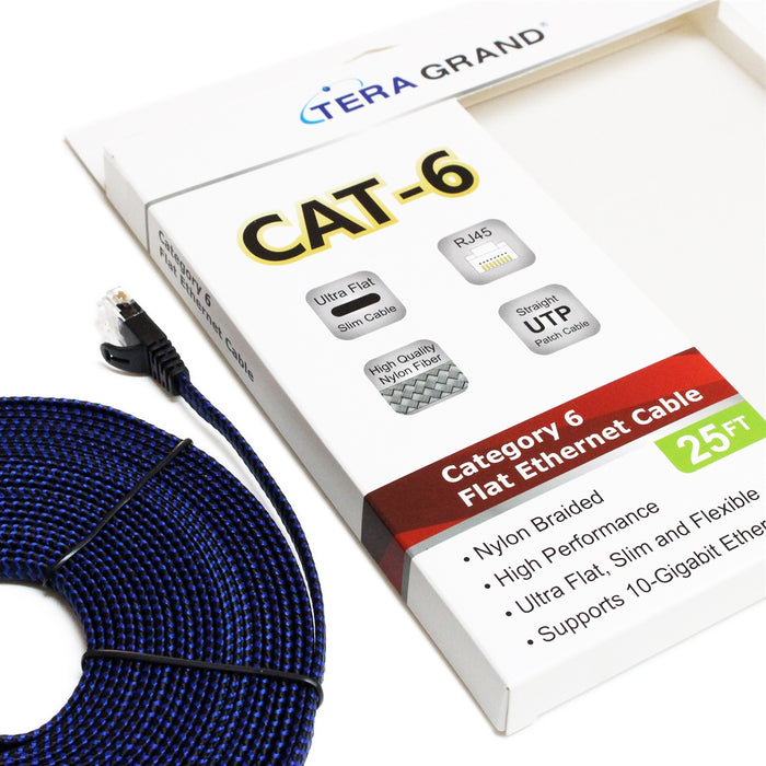 CAT6 10 Gigabit Ethernet Ultra Flat Braided Cable, 25 Feet, Black-Blue
