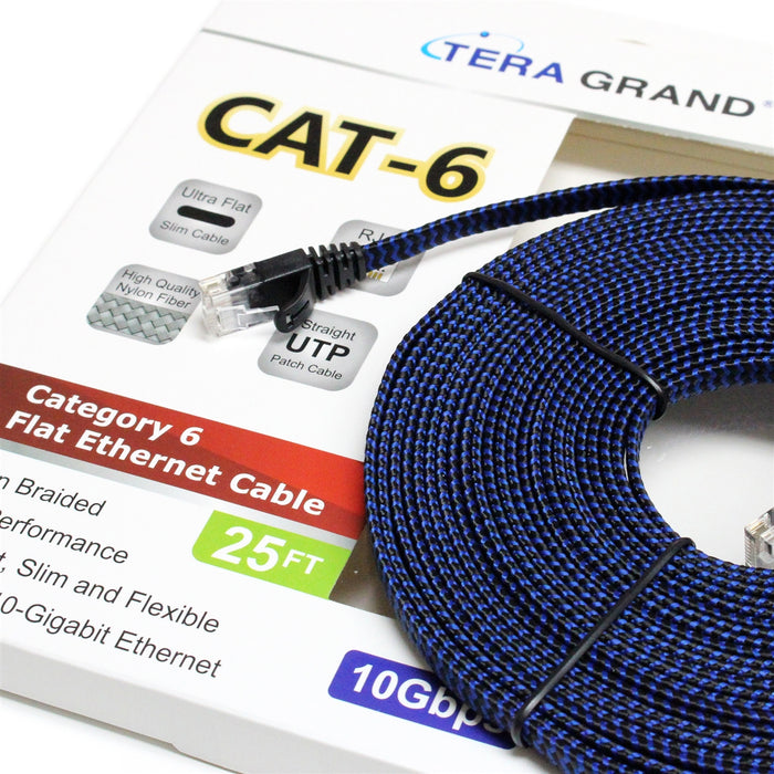 CAT6 10 Gigabit Ethernet Ultra Flat Braided Cable, 25 Feet, Black-Blue