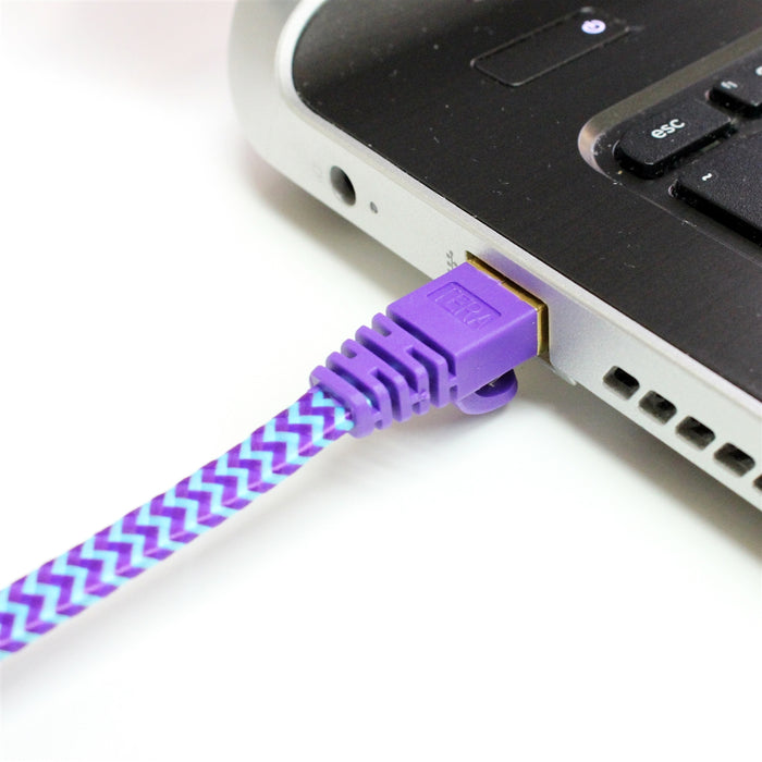 CAT-7 10 Gigabit Ultra Flat Ethernet Patch Braided Cable, 3 Feet Purple & Blue