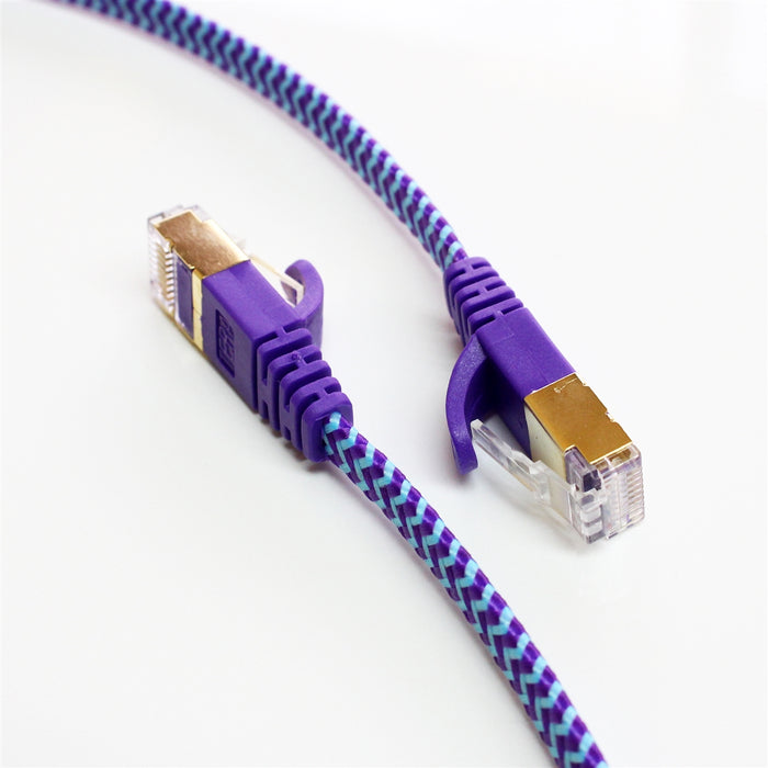 CAT-7 10 Gigabit Ultra Flat Ethernet Patch Braided Cable, 6 Feet Purple & Blue