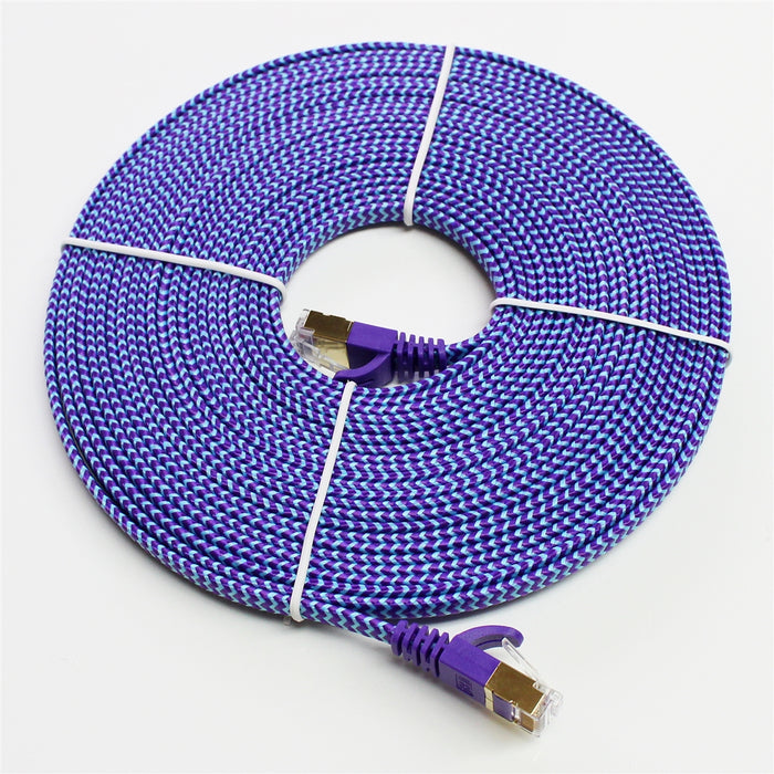 CAT-7 10 Gigabit Ultra Flat Ethernet Patch Braided Cable, 25 Feet Purple & Blue