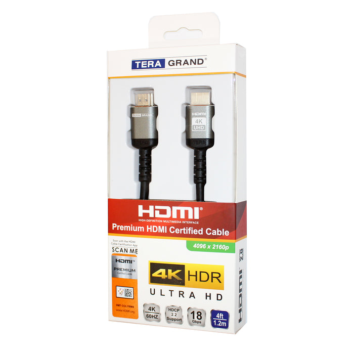 4K Premium HDMI Certified Cable with Aluminum housing, Supports HDMI 2.0 4K HDR Ultra HD, 18 Gbps, 4K 60Hz, 4 Feet