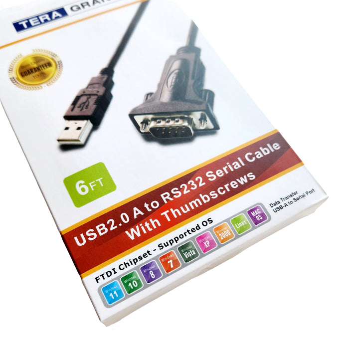 Premium USB 2.0 USB-A to RS232 Serial DB9 Adapter Cable - Supports Windows 11, 10, 8, 7, Vista, XP, 2000, 98, Linux and Mac - Built with FTDI Chipset and Male Thumbscrews, 6 Ft.