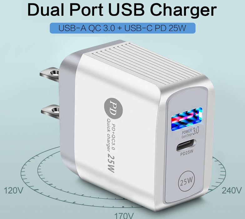 25W USB-C Wall Charger, Dual Port QC 3.0 USB-A + USB-C PD 25W